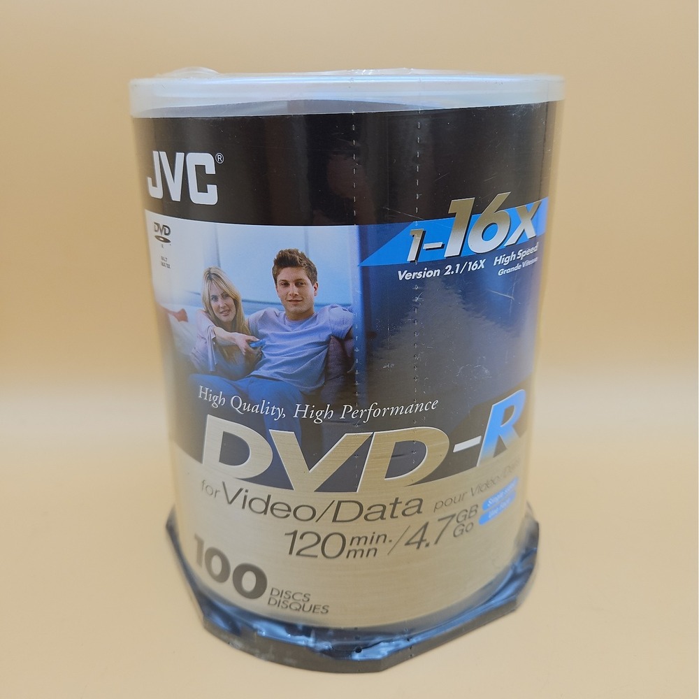 JVC DVD-R Discs 120 Min 4.7 GB 100 Discs Spool Brand New Sealed Version 2.1